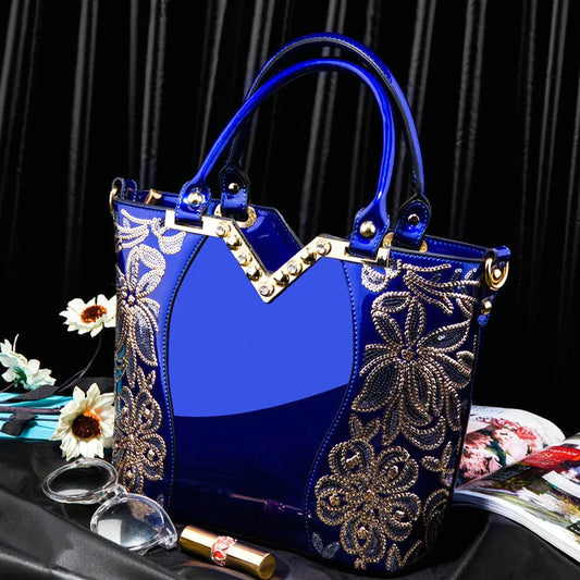 2024 Shiny Patent Leather Embroidery Shoulder Bag Female Party Bags Brand Designer Handbags Large Capacity Women Cross Body Tote