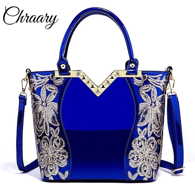 2024 Shiny Patent Leather Embroidery Shoulder Bag Female Party Bags Brand Designer Handbags Large Capacity Women Cross Body Tote