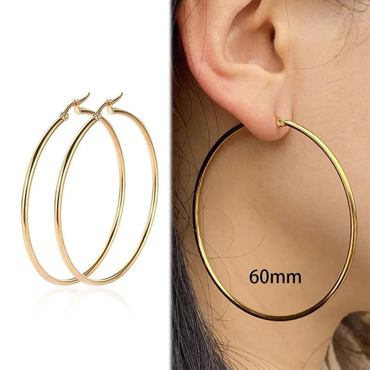 1Pairs/2Pcs 10 To 70mm Gold Silver Color Big Round Stainless Steel Earrings Trendy Jewelry For Women