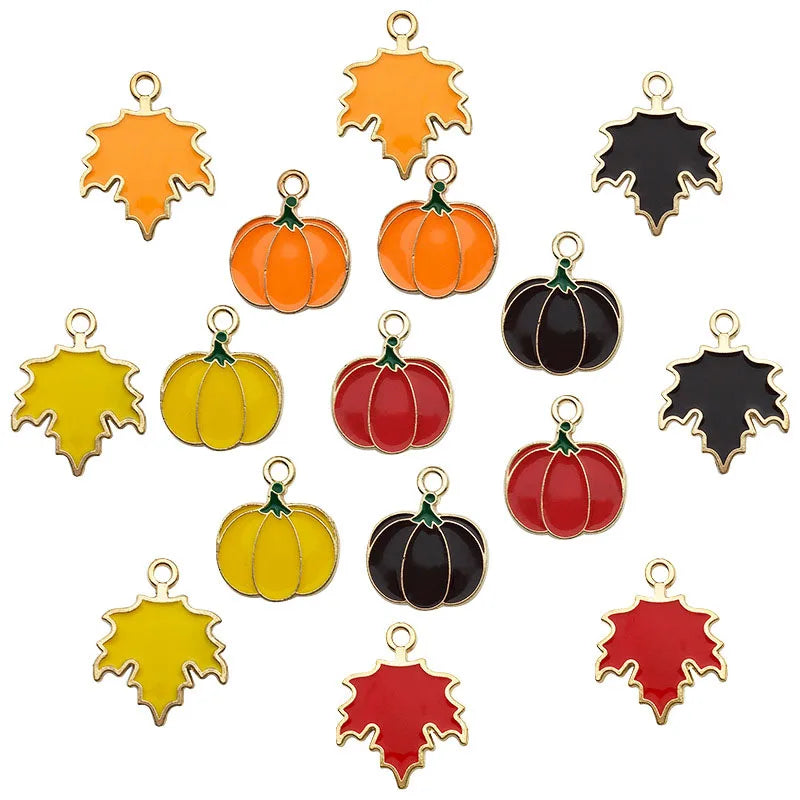 10Pcs Autumn Maple Leaf Charms Alloy Enamel Thanksgiving Maple Leaf Pumpkin Pendants For Jewelry Making Findings Crafting