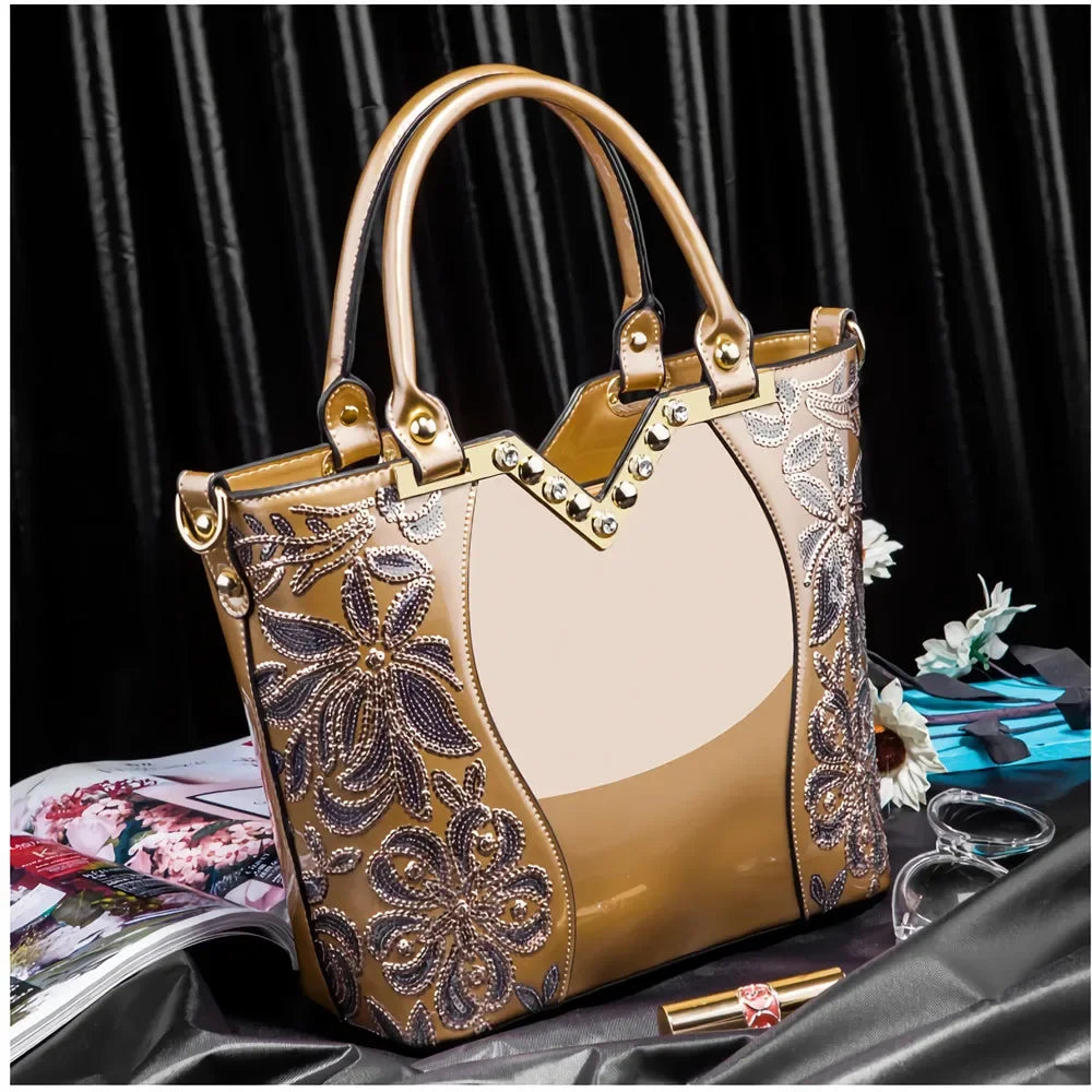 2024 Shiny Patent Leather Embroidery Shoulder Bag Female Party Bags Brand Designer Handbags Large Capacity Women Cross Body Tote