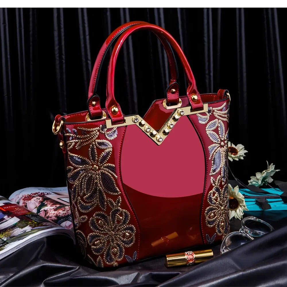 2024 Shiny Patent Leather Embroidery Shoulder Bag Female Party Bags Brand Designer Handbags Large Capacity Women Cross Body Tote